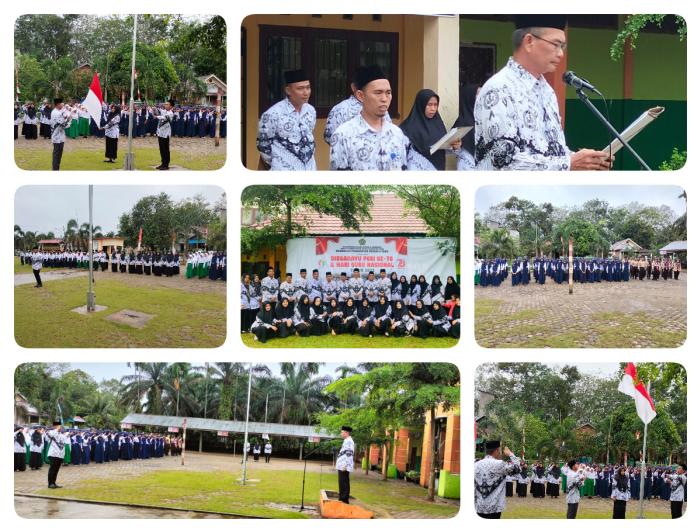 Dibawah Guyuran Hujan, Upacara Gabungan Peringatan HUT PGRI Ke 78 dan HGN ke 29 di MTsN 6 Tetap Khidmat
